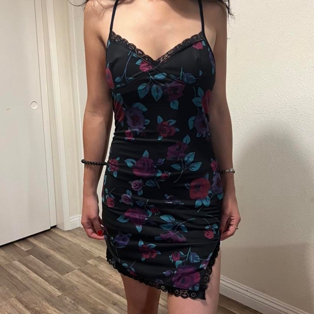 women’s midi black dress with floral detailing side slit size S